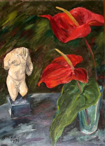 Gemälde „Anthurien mit griechischen Torso 1974“ von Karl Radio von Radiis