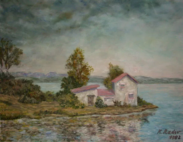 Gemälde „Bauernhaus am Neuenburgersee 1982“ von Karl Radio von Radiis
