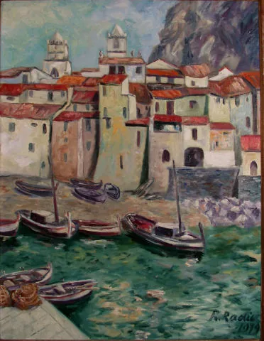 Gemälde „Blick auf Cefalu, Sizilien 1979“ von Karl Radio von Radiis