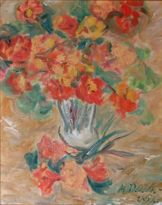 Gemälde „Blumen in blauer Vase 1978“ von Karl Radio von Radiis