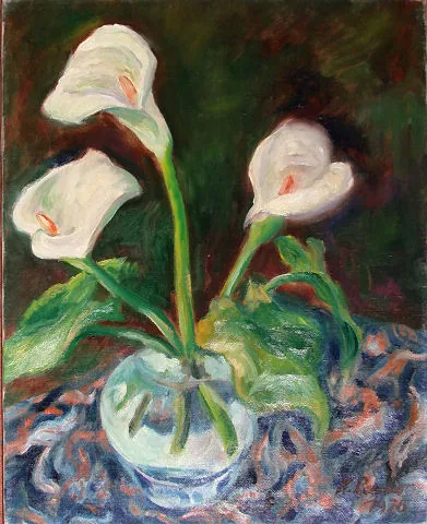Gemälde „Drei Calla in blauer Vase 1970“ von Karl Radio von Radiis