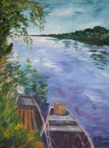 Gemälde „Fischerboote an der Loire 1979“ von Karl Radio von Radiis