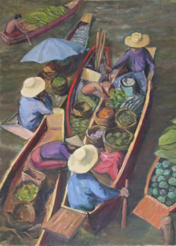Gemälde „Floating Market in Bangkok (1,unsigniert) 1973“ von Karl Radio von Radiis