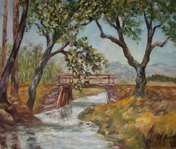Gemälde „Flusslandschaft im Tessin 1977“ von Karl Radio von Radiis
