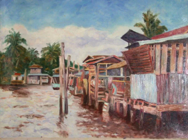 Gemälde „Pfahl-Häuser auf Bali 1980“ von Karl Radio von Radiis