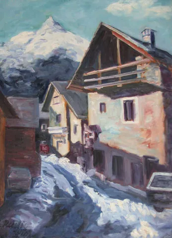 Gemälde „Winter im Verzascatal 1979“ von Karl Radio von Radiis